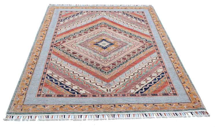 Traditional Hand Knotted Shaal Farhan Wool Rug of Size 4'10'' X 6'8'' in Blue and Gold Colors - Made in Afghanistan