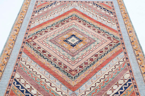 Traditional Hand Knotted Shaal Farhan Wool Rug of Size 4'10'' X 6'8'' in Blue and Gold Colors - Made in Afghanistan