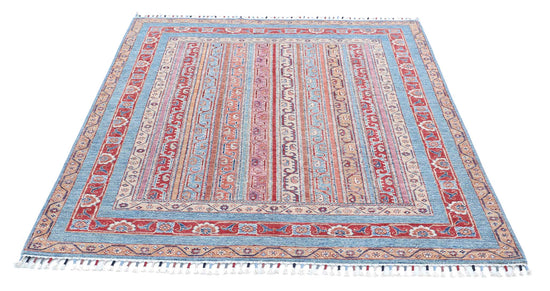 Traditional Hand Knotted Shaal Farhan Wool Rug of Size 5'0'' X 5'9'' in Multi and Blue Colors - Made in Afghanistan