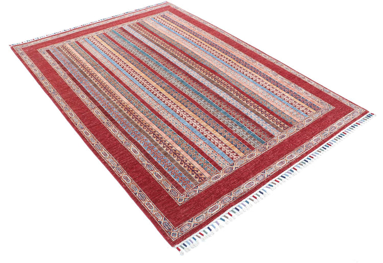 Traditional Hand Knotted Shaal Farhan Wool Rug of Size 5'0'' X 6'9'' in Red and Blue Colors - Made in Afghanistan