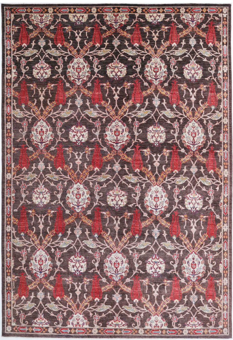 Traditional Hand Knotted Suzani Farhan Wool Rug of Size 6'6'' X 9'9'' in Brown and Ivory Colors - Made in Afghanistan