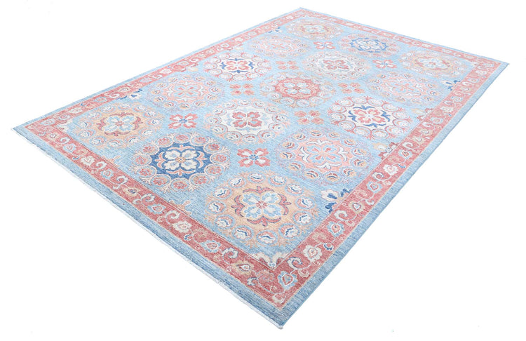 Traditional Hand Knotted Suzani Farhan Wool Rug of Size 6'5'' X 9'6'' in Teal and Red Colors - Made in Afghanistan