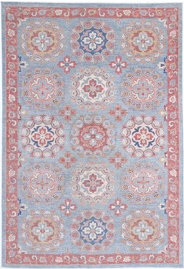 Traditional Hand Knotted Suzani Farhan Wool Rug of Size 6'5'' X 9'6'' in Teal and Red Colors - Made in Afghanistan