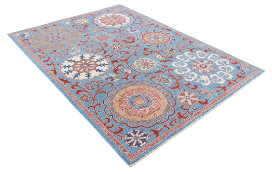 Traditional Hand Knotted Suzani Farhan Wool Rug of Size 5'8'' X 7'9'' in Teal and Red Colors - Made in Afghanistan