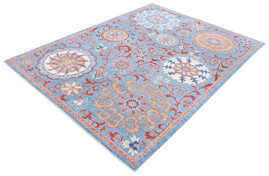Traditional Hand Knotted Suzani Farhan Wool Rug of Size 5'8'' X 7'9'' in Teal and Red Colors - Made in Afghanistan