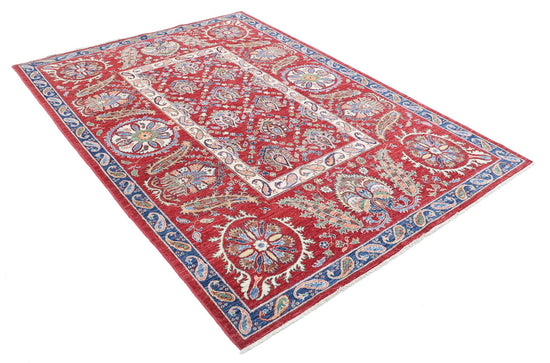 Traditional Hand Knotted Suzani Farhan Wool Rug of Size 5'8'' X 8'0'' in Red and Ivory Colors - Made in Afghanistan