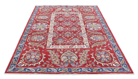 Traditional Hand Knotted Suzani Farhan Wool Rug of Size 5'8'' X 8'0'' in Red and Ivory Colors - Made in Afghanistan