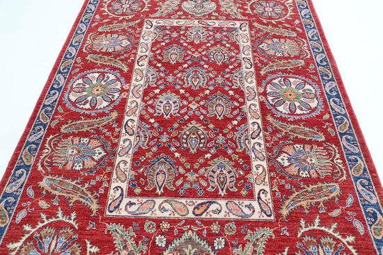 Traditional Hand Knotted Suzani Farhan Wool Rug of Size 5'8'' X 8'0'' in Red and Ivory Colors - Made in Afghanistan