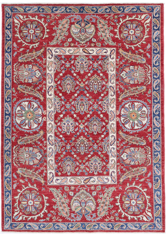 Traditional Hand Knotted Suzani Farhan Wool Rug of Size 5'8'' X 8'0'' in Red and Ivory Colors - Made in Afghanistan