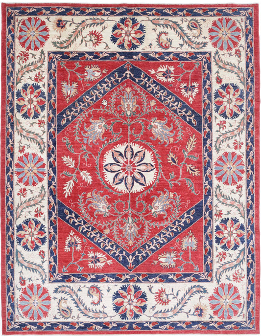 Traditional Hand Knotted Suzani Farhan Wool Rug of Size 7'6'' X 10'0'' in Red and Ivory Colors - Made in Afghanistan