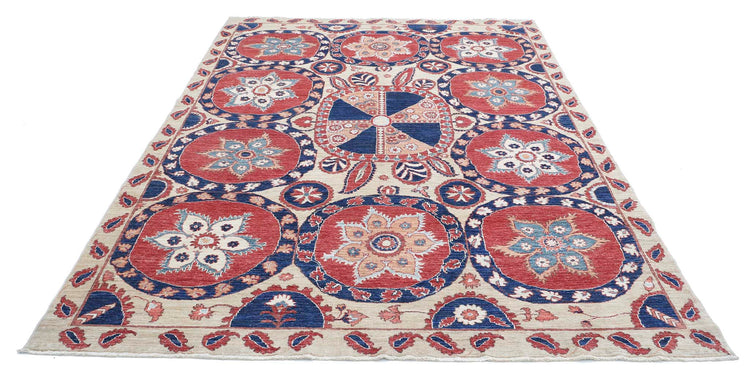 Traditional Hand Knotted Suzani Farhan Wool Rug of Size 6'7'' X 9'7'' in Ivory and Blue Colors - Made in Afghanistan