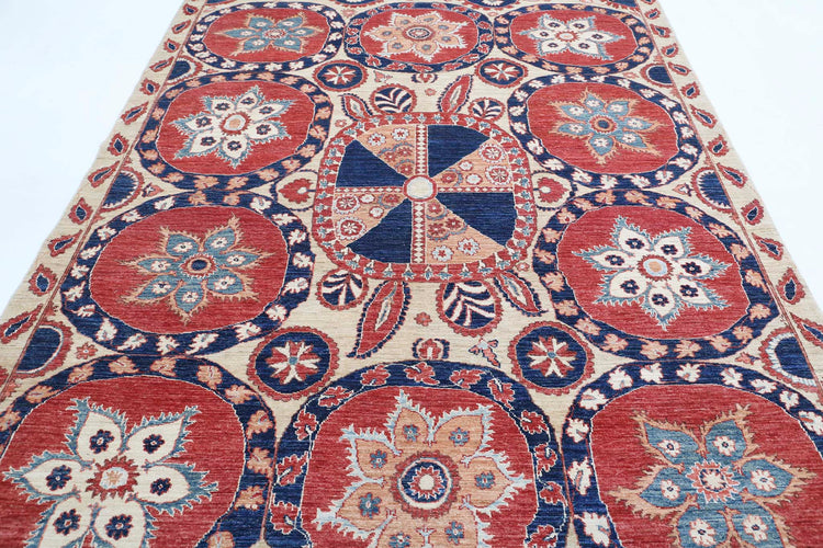 Traditional Hand Knotted Suzani Farhan Wool Rug of Size 6'7'' X 9'7'' in Ivory and Blue Colors - Made in Afghanistan