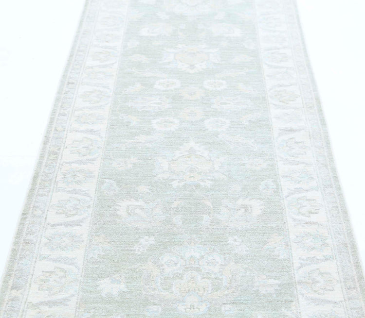Traditional Hand Knotted Serenity Farhan Wool Rug of Size 2'9'' X 7'11'' in Green and Ivory Colors - Made in Afghanistan