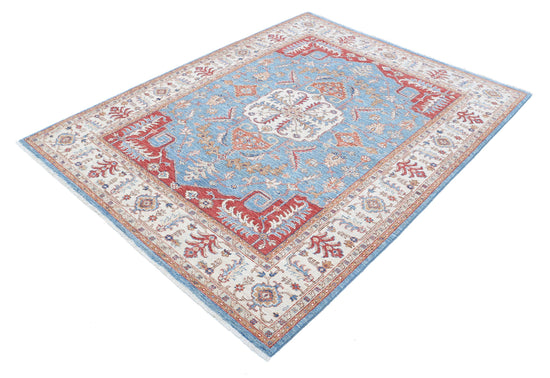Traditional Hand Knotted Heriz Farhan Wool Rug of Size 5'2'' X 6'9'' in Blue and Ivory Colors - Made in Afghanistan