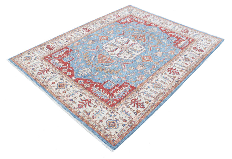 Traditional Hand Knotted Heriz Farhan Wool Rug of Size 5'2'' X 6'9'' in Blue and Ivory Colors - Made in Afghanistan