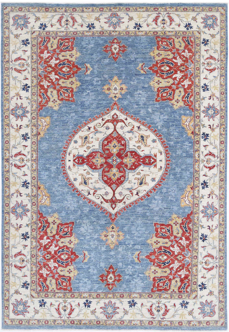 Traditional Hand Knotted Ziegler Farhan Wool Rug of Size 6'4'' X 9'9'' in Blue and Ivory Colors - Made in Afghanistan