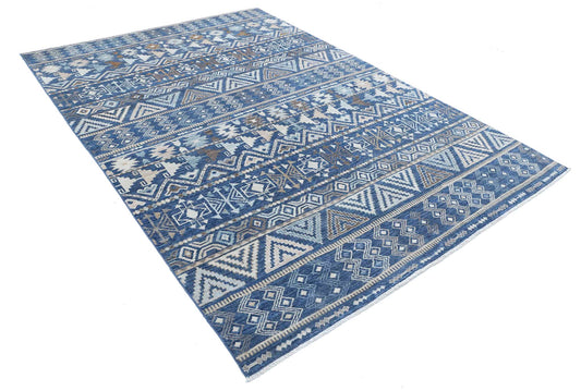 Traditional Hand Knotted Khurjeen Farhan Wool Rug of Size 6'9'' X 8'5'' in Blue and Ivory Colors - Made in Afghanistan