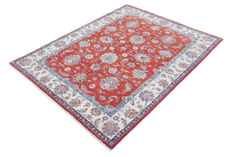 Traditional Hand Knotted Ziegler Farhan Wool Rug of Size 4'8'' X 6'3'' in Red and Blue Colors - Made in Afghanistan
