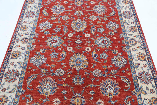 Traditional Hand Knotted Ziegler Farhan Wool Rug of Size 4'8'' X 6'3'' in Red and Blue Colors - Made in Afghanistan