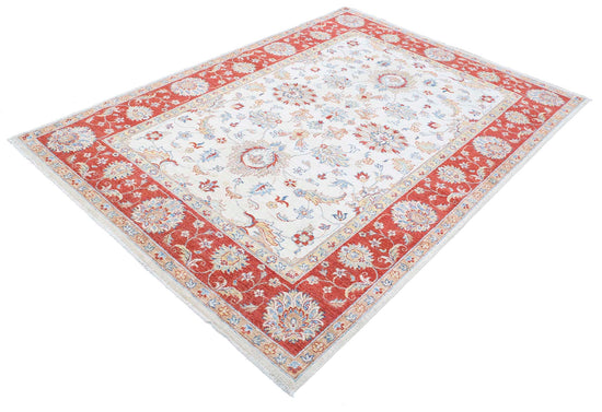 Traditional Hand Knotted Ziegler Farhan Wool Rug of Size 5'6'' X 7'9'' in Ivory and Red Colors - Made in Afghanistan