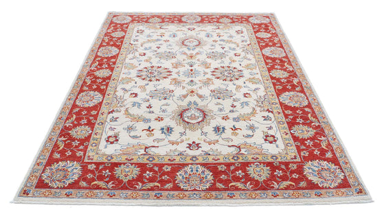 Traditional Hand Knotted Ziegler Farhan Wool Rug of Size 5'6'' X 7'9'' in Ivory and Red Colors - Made in Afghanistan