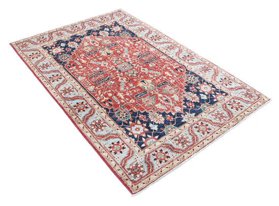Traditional Hand Knotted Ziegler Farhan Wool Rug of Size 4'0'' X 6'2'' in Red and Blue Colors - Made in Afghanistan