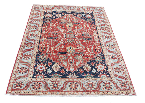 Traditional Hand Knotted Ziegler Farhan Wool Rug of Size 4'0'' X 6'2'' in Red and Blue Colors - Made in Afghanistan