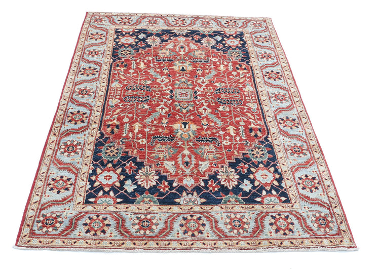 Traditional Hand Knotted Ziegler Farhan Wool Rug of Size 4'0'' X 6'2'' in Red and Blue Colors - Made in Afghanistan