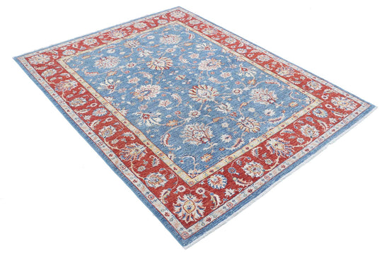 Traditional Hand Knotted Ziegler Farhan Wool Rug of Size 5'1'' X 6'5'' in Blue and Red Colors - Made in Afghanistan