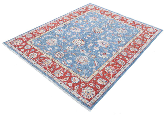 Traditional Hand Knotted Ziegler Farhan Wool Rug of Size 5'1'' X 6'5'' in Blue and Red Colors - Made in Afghanistan