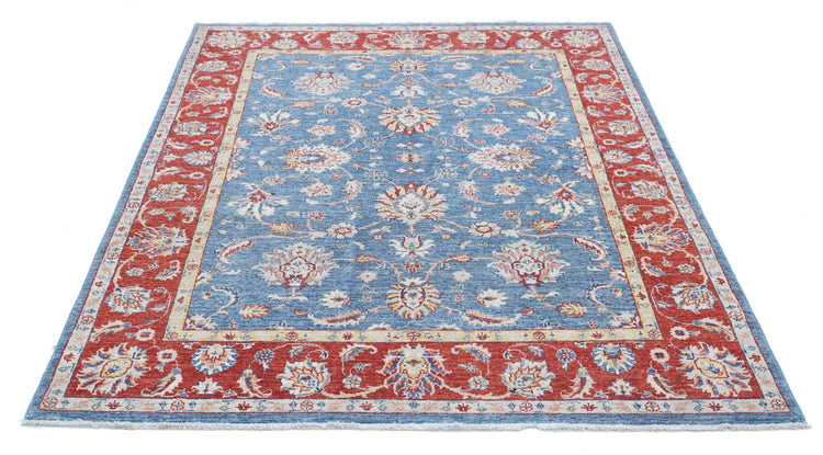 Traditional Hand Knotted Ziegler Farhan Wool Rug of Size 5'1'' X 6'5'' in Blue and Red Colors - Made in Afghanistan