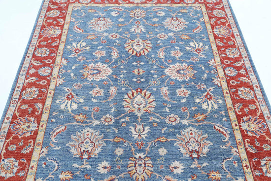 Traditional Hand Knotted Ziegler Farhan Wool Rug of Size 5'1'' X 6'5'' in Blue and Red Colors - Made in Afghanistan