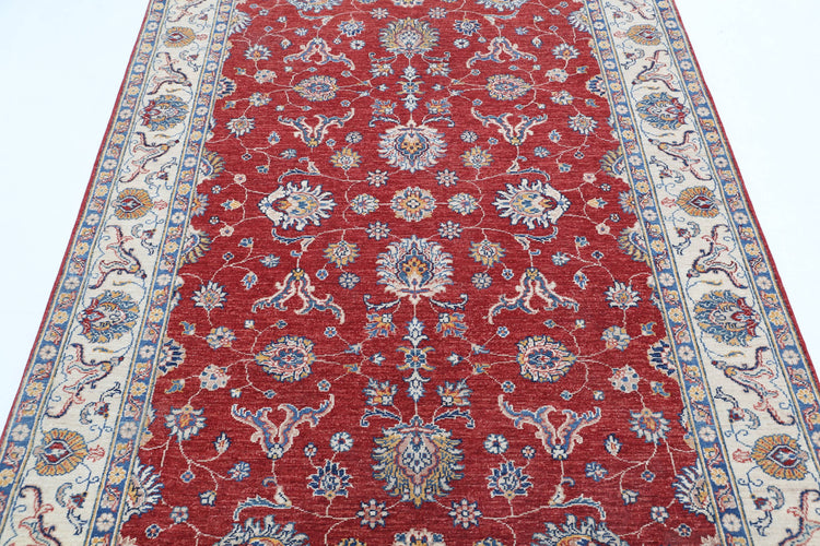 Traditional Hand Knotted Ziegler Farhan Wool Rug of Size 4'11'' X 6'7'' in Red and Ivory Colors - Made in Afghanistan