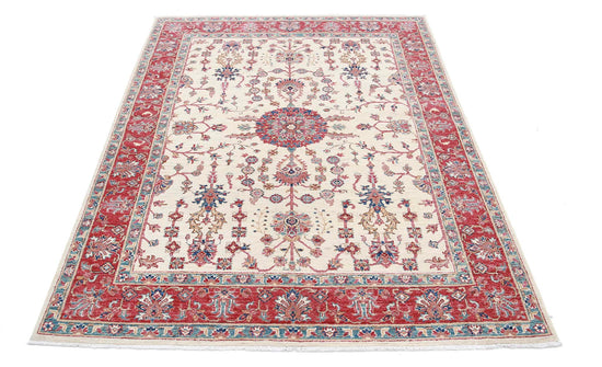 Traditional Hand Knotted Ziegler Farhan Wool Rug of Size 4'10'' X 6'5'' in Ivory and Red Colors - Made in Afghanistan