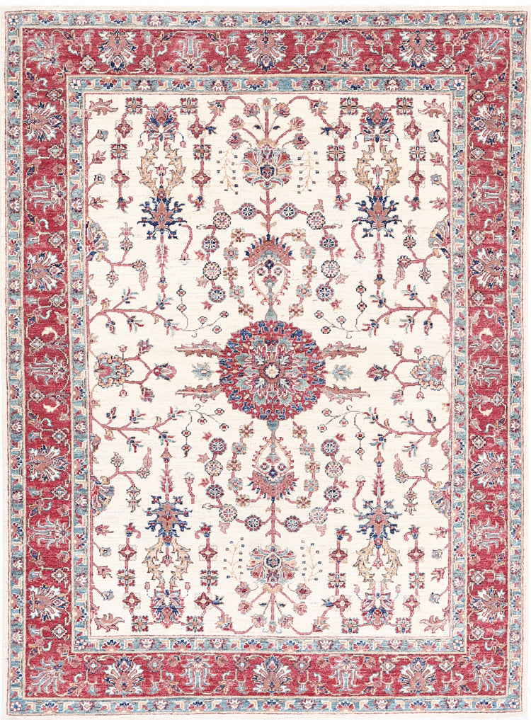 Traditional Hand Knotted Ziegler Farhan Wool Rug of Size 4'10'' X 6'5'' in Ivory and Red Colors - Made in Afghanistan