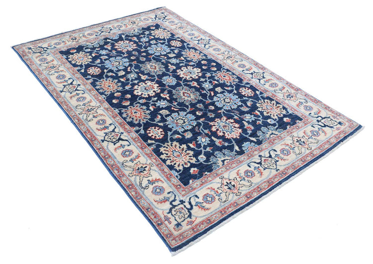 Traditional Hand Knotted Ziegler Farhan Wool Rug of Size 4'4'' X 6'5'' in Blue and Ivory Colors - Made in Afghanistan
