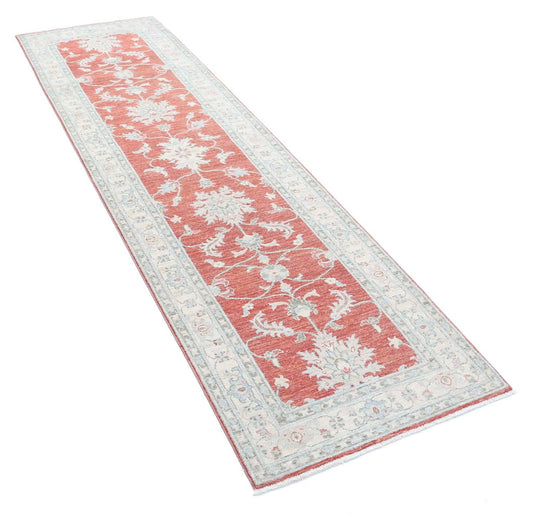 Traditional Hand Knotted Ziegler Farhan Wool Rug of Size 2'8'' X 9'7'' in Red and Ivory Colors - Made in Afghanistan