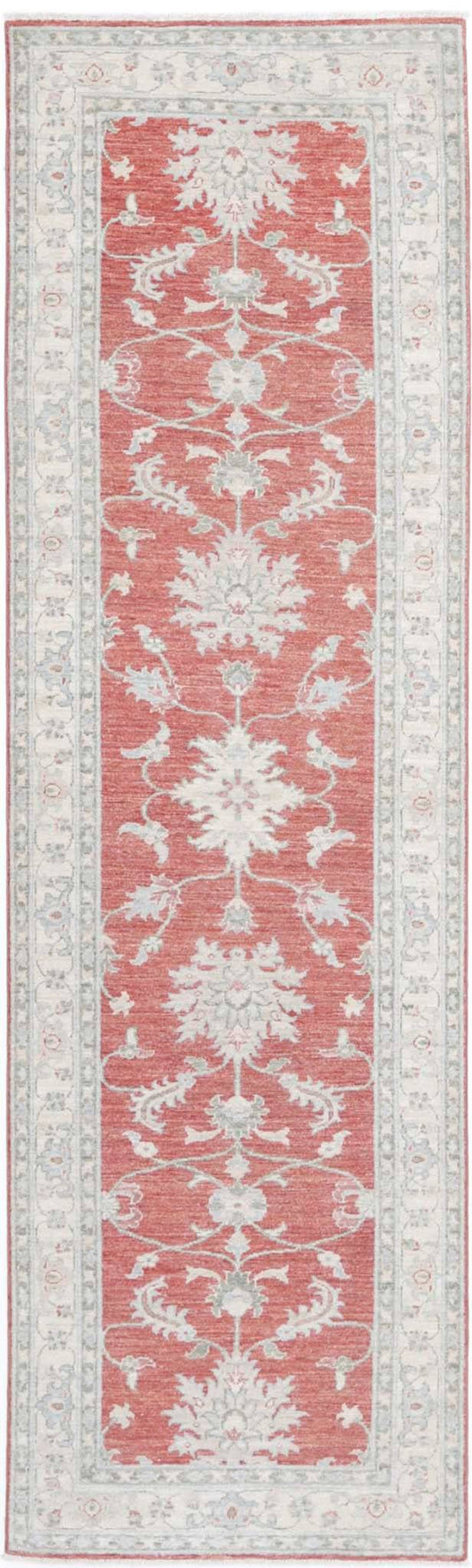 Traditional Hand Knotted Ziegler Farhan Wool Rug of Size 2'8'' X 9'7'' in Red and Ivory Colors - Made in Afghanistan