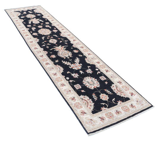 Traditional Hand Knotted Ziegler Farhan Wool Rug of Size 2'6'' X 10'0'' in Black and Ivory Colors - Made in Afghanistan