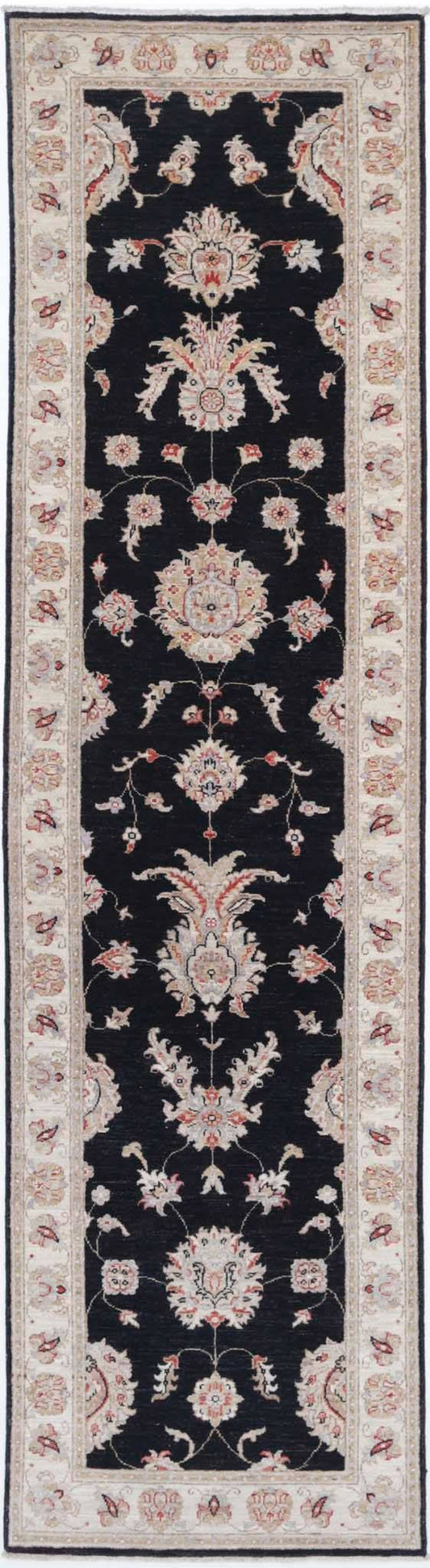 Traditional Hand Knotted Ziegler Farhan Wool Rug of Size 2'6'' X 10'0'' in Black and Ivory Colors - Made in Afghanistan