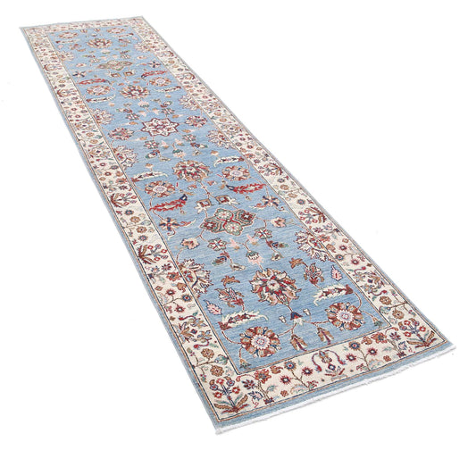 Traditional Hand Knotted Ziegler Farhan Wool Rug of Size 2'7'' X 9'10'' in Blue and Ivory Colors - Made in Afghanistan