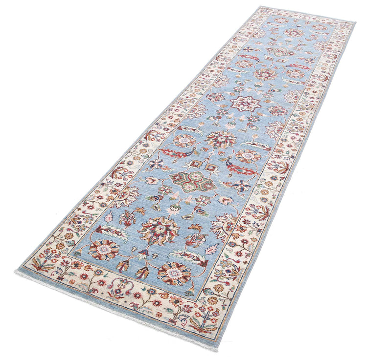 Traditional Hand Knotted Ziegler Farhan Wool Rug of Size 2'7'' X 9'10'' in Blue and Ivory Colors - Made in Afghanistan