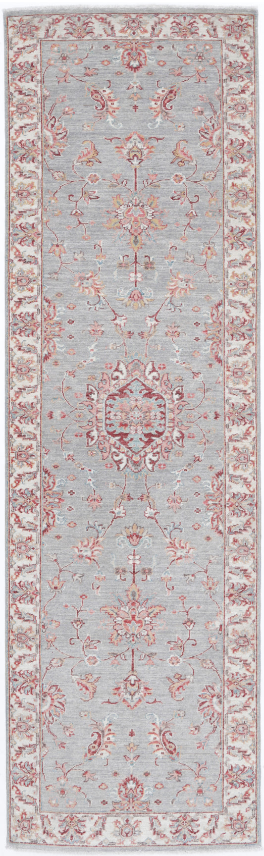 Traditional Hand Knotted Ziegler Farhan Wool Rug of Size 2'8'' X 9'8'' in Grey and Ivory Colors - Made in Afghanistan