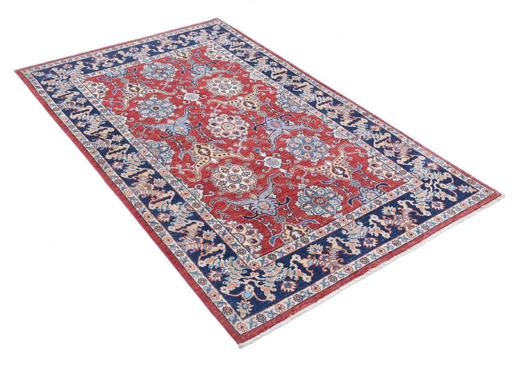 Traditional Hand Knotted Ziegler Farhan Wool Rug of Size 3'9'' X 5'11'' in Red and Blue Colors - Made in Afghanistan