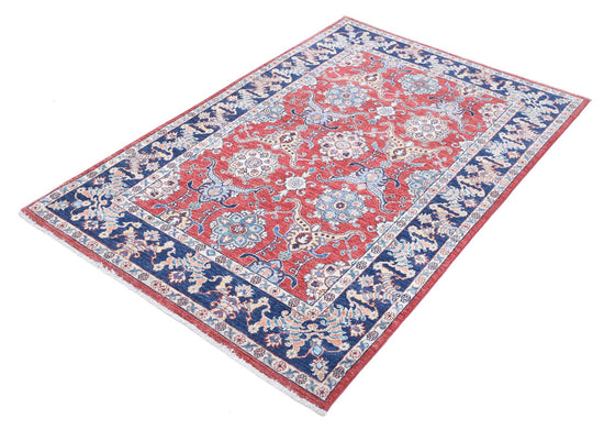 Traditional Hand Knotted Ziegler Farhan Wool Rug of Size 3'9'' X 5'11'' in Red and Blue Colors - Made in Afghanistan