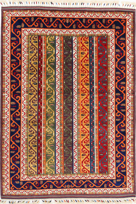 Traditional Hand Knotted Shaal Farhan Wool Rug of Size 4'5'' X 6'6'' in Multi and Multi Colors - Made in Afghanistan