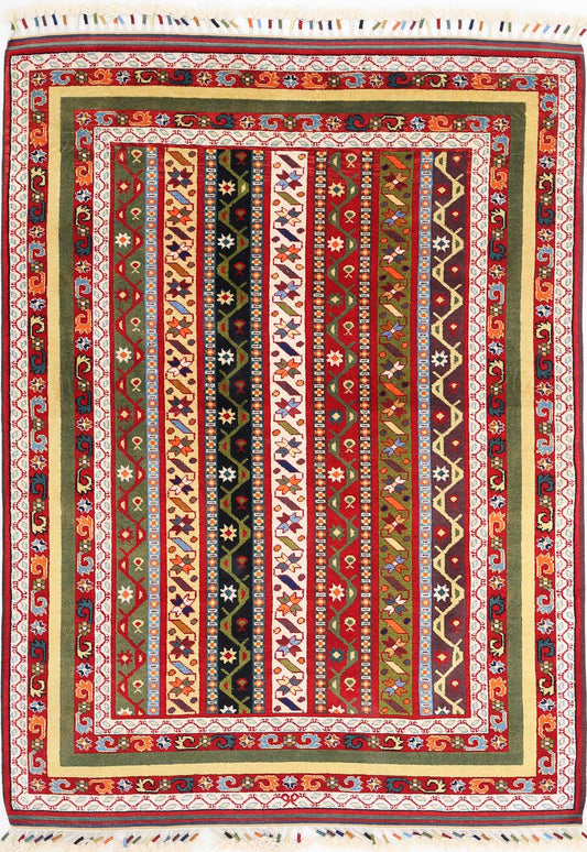 Traditional Hand Knotted Shaal Farhan Wool Rug of Size 4'5'' X 6'2'' in Multi and Multi Colors - Made in Afghanistan