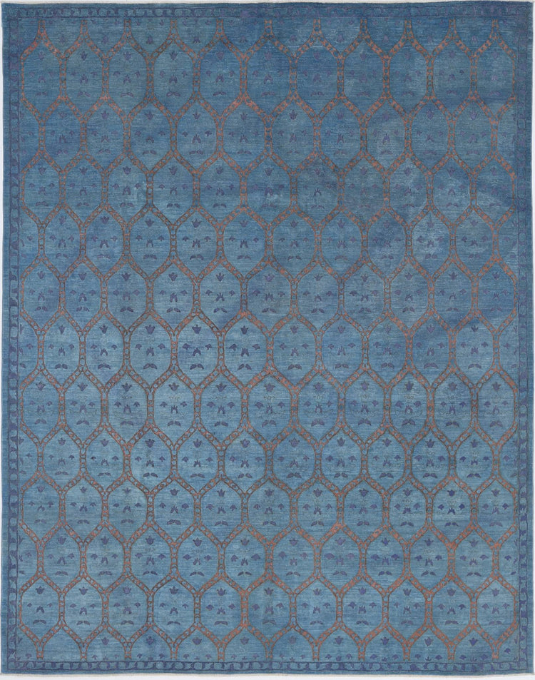 Transitional Hand Knotted Onyx Farhan Wool Rug of Size 10'2'' X 13'0'' in Blue and Peach Colors - Made in Afghanistan