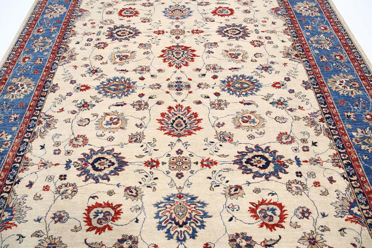 Traditional Hand Knotted Ziegler Farhan Wool Rug of Size 8'1'' X 9'3'' in Ivory and Blue Colors - Made in Afghanistan