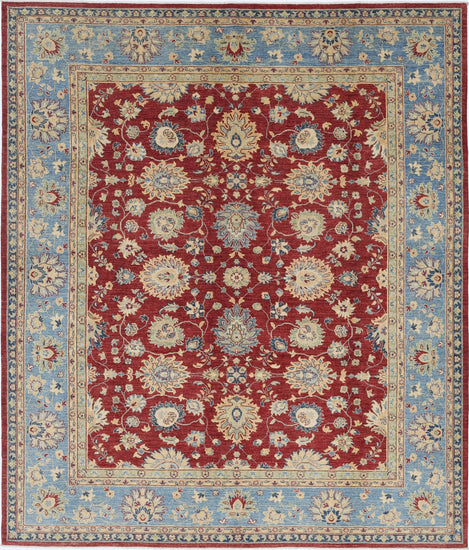 Traditional Hand Knotted Ziegler Farhan Wool Rug of Size 8'1'' X 9'5'' in Red and Blue Colors - Made in Afghanistan